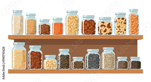 Two light brown wooden shelves are densely packed with nineteen clear glass jars of varying sizes, each filled with different dry ingredients.