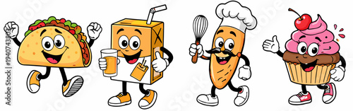 Funny food mascots in a row: running taco, smiling juice carton holding a drink cup, baker baguette with chef hat and whisk, and cute cupcake with cherry. Vector cartoon set.
