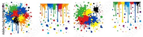 Set of colorful paint splashes and dripping stains with spray dots. Bright abstract grunge elements for posters, street art, parties and creative backgrounds, isolated on white.