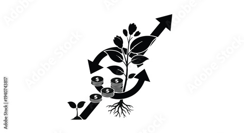 Sustainable growth and development concept with plant growing in circular arrow cycle on white background, symbolizing eco-friendly and environmental conservation