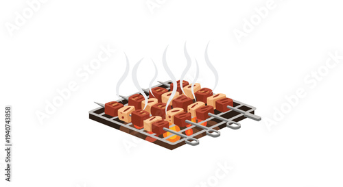 A dark grey barbecue grill is laden with numerous skewers of cubed meat and vegetables, actively smoking with orange flames visible underneath.