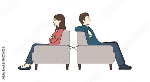A woman with folded arms and a man with a relaxed posture sit on two separate light gray armchairs, facing away from each other on a plain white background.