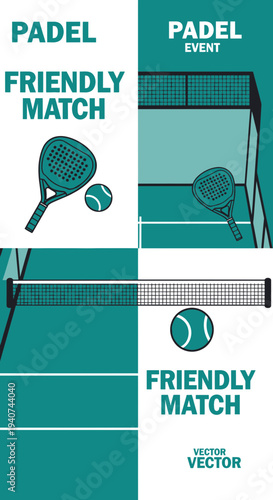 Dynamic Padel Event Design Featuring Rackets, Balls, Net, and Court for Marketing Purposes