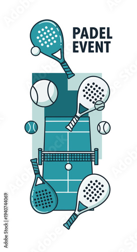 Dynamic Padel Event Illustration Showcasing Sport Equipment and Court Design on White Background