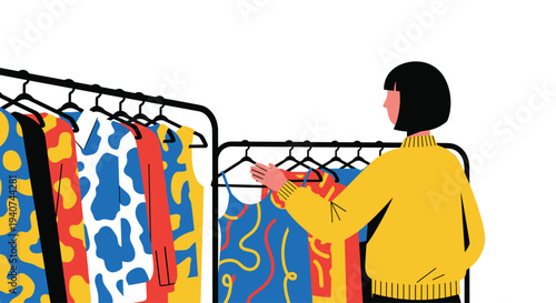 A woman with a bob haircut and a yellow sweater stands, facing away, reaching for a patterned dress on a black clothing rack, with two racks filled with colorful garments visible.