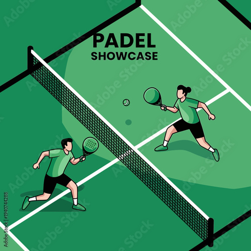 Dynamic Padel Match Illustration Showcasing Action Between Two Players With Rackets and Ball