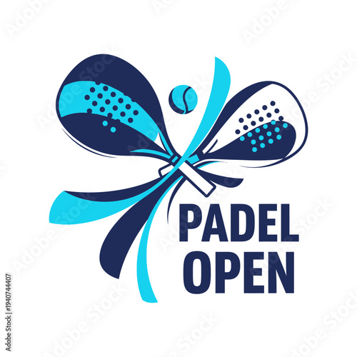 Dynamic Padel Open Emblem Illustrating Rackets, Ball, And Vibrant Modern Design Composition