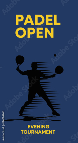 Dynamic Padel Open Evening Tournament Poster Design Featuring Player Silhouette in Action