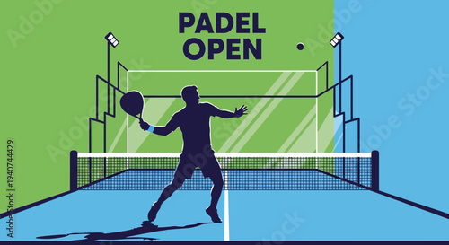 Dynamic Padel Open Illustration: Sporty Silhouette Playing on a Vivid Color Court