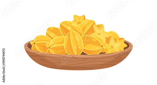 A wooden bowl is filled to the brim with numerous ripe, yellow star fruits, some whole and some sliced, revealing their star shape on a clean white background.
