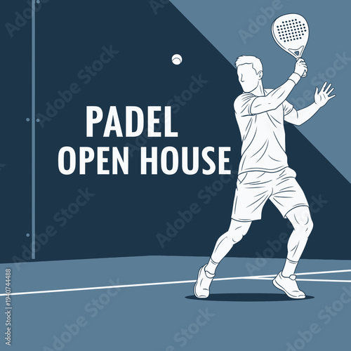 Dynamic Padel Player Demonstrates Technique In A Bold And Modern Open House Graphic Design