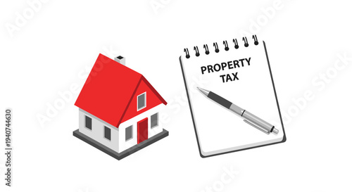An isometric illustration showcases a small white house with a red roof beside an open notebook displaying PROPERTY TAX and a silver pen.