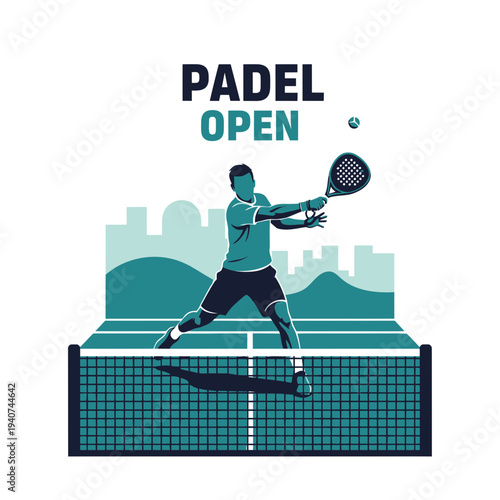 Dynamic Padel Player Performing a Forehand Smash With Urban Backdrop and Net