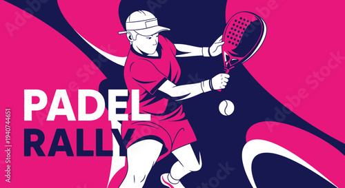 Dynamic Padel Player Performing a Forehand Smash Against a Vibrant Pink and Navy Abstract Background