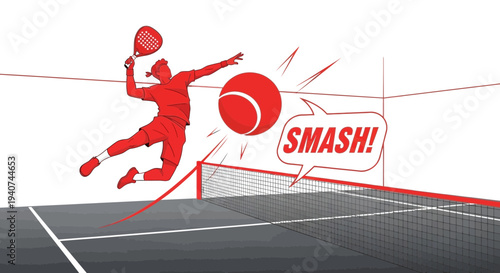 Dynamic Padel Player Performing Powerful Smash Action on Court in Bold Red Illustration