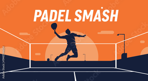 Dynamic Padel Player Performing a Powerful Smash Against an Orange Sunset Backdrop