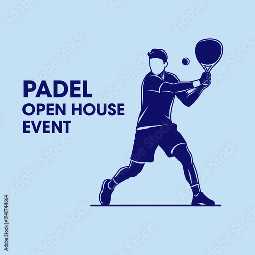 Dynamic Padel Player Silhouette Advertising Open House Event in Bold Blue Tones