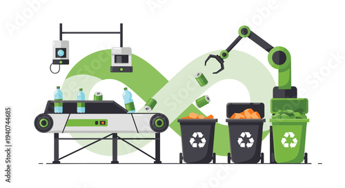 A colorful illustration shows a robotic arm sorting aluminum cans into recycling bins while plastic bottles move along a conveyor belt.