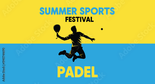 Dynamic Padel Player Silhouette During A Summer Sports Festival In Yellow And Blue