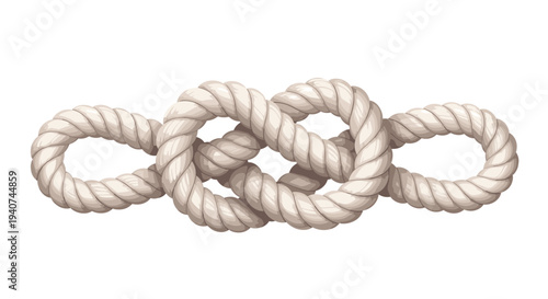A single thick, light-beige rope is intricately tied into a complex, multi-looped knot, displaying its twisted fibers against a clean white backdrop.