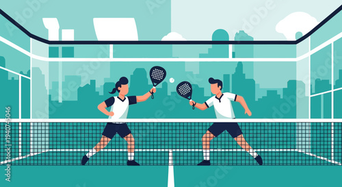 Dynamic Padel Tennis Players Engage In Sporting Action On Court, With Urban Scenery Background