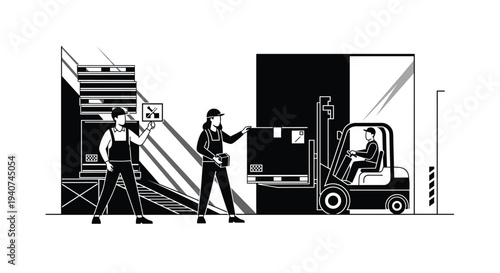 A monochromatic illustration in black and white shows warehouse workers and a forklift operator moving packages and pallets.