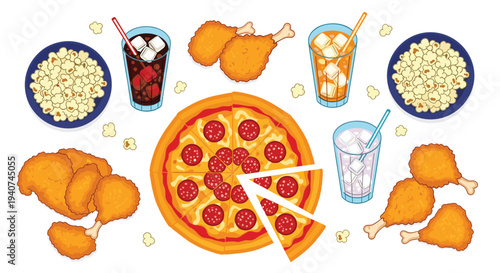 An overhead illustration presents a diverse fast-food spread featuring a sliced pepperoni pizza, fried chicken, popcorn bowls, and three iced beverages.
