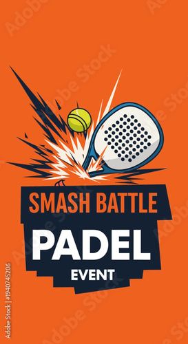 Dynamic Padel Tournament Illustration Featuring Racket Hitting Ball with Bold Typography