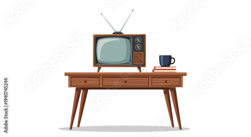 An old-fashioned television with twin antennae rests on a three-drawer wooden desk alongside a stack of books and a blue mug on a white background.