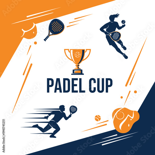 Dynamic Padel Tournament Illustration With Players, Trophy, and Energetic Sport Elements