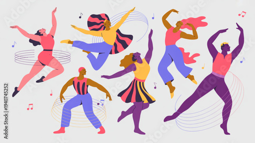 Diverse group of people dancing energetically in colorful outfits with dynamic movements and joyful expressions on a light background