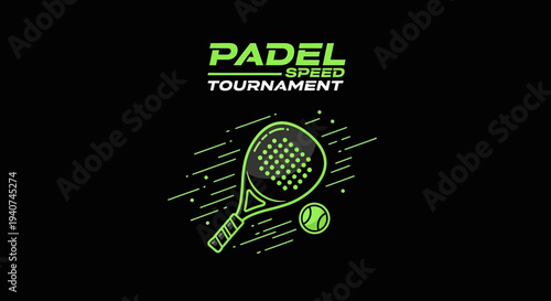 Dynamic Padel Tournament Illustration With Racket And Ball Against Black Background