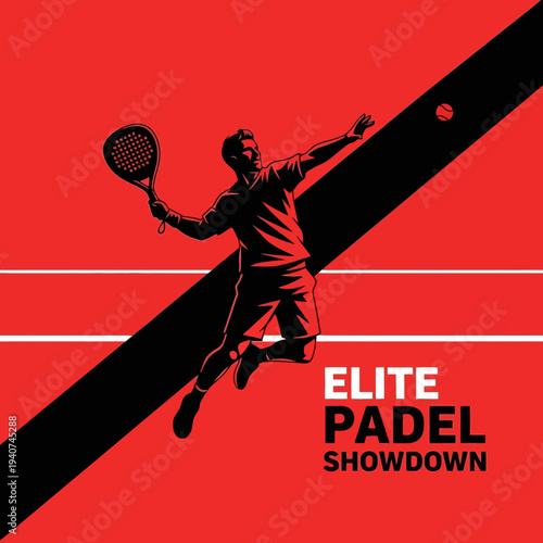 Dynamic Padell Player in Mid-Air Action with Ball Silhouette Against Bold Red Backdrop
