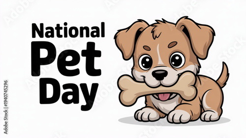 Cute brown puppy dog holding bone national pet day celebration cartoon