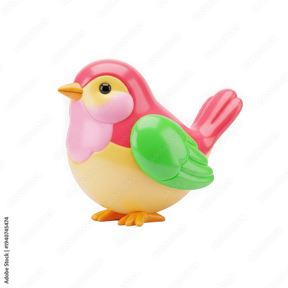 Fototapeta premium A small pink and green bird toy with yellow beak