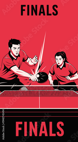 Dynamic Ping Pong Match Depicted In A Bold Red And Black Graphic Design for Sports Illustration