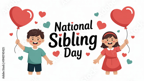 Cartoon boy and girl celebrating national sibling day with heart shaped balloons and love hearts on white background