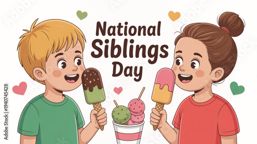 Happy siblings enjoying colorful ice cream pops on national siblings day cartoon illustration with hearts