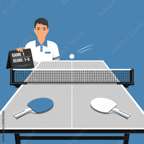 Dynamic Ping Pong Match Depicted with Player, Table, and Scoreboard in Vibrant Illustration