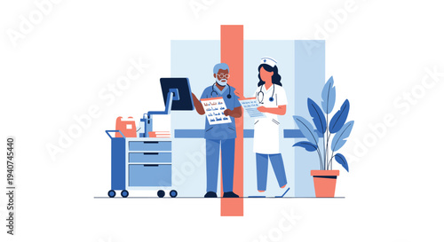 A male doctor and a female nurse are standing in a hospital corridor, with the doctor holding a clipboard and the nurse holding a chart.