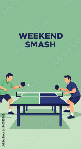 Dynamic Ping Pong Match Depicted, Weekend Smash Entertainment Concept, Vector Illustration