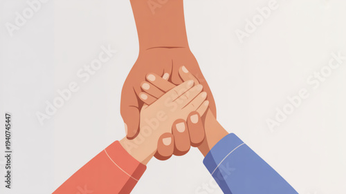 Diverse hands clasped together in unity teamwork and solidarity symbolizing cooperation and collaboration with colorful sleeves