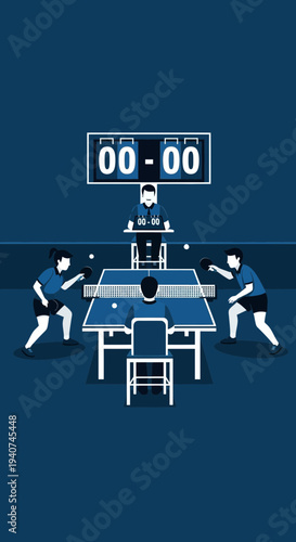 Dynamic Ping Pong Match Depicted with Players, Table, Scoreboard, and Referee in Vivid Illustration
