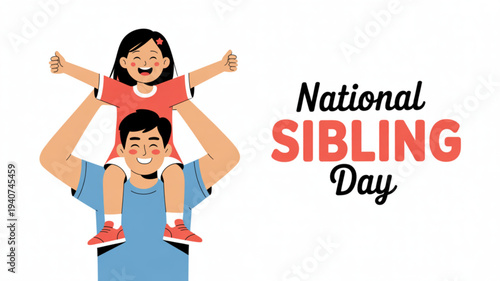 Brother and sister celebrating national sibling day with joyful cartoon illustration happy family bond red and blue outfits