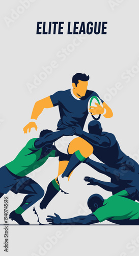 Dynamic Rugby Action Depicted in Vector Illustration of Elite League Competition