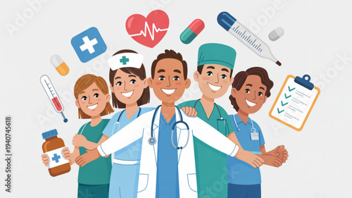 Medical team standing together with healthcare symbols around them smiling and united in their profession