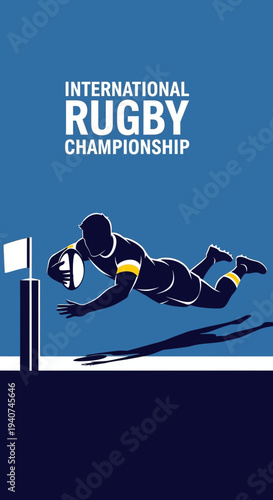 Dynamic Rugby Action Depicting a Player's Dive Towards the Goal for Championship Victory
