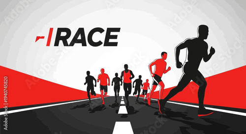 Dynamic Runners Compete In iRACE Event, Illustrated Red and Black Design, Competition Theme