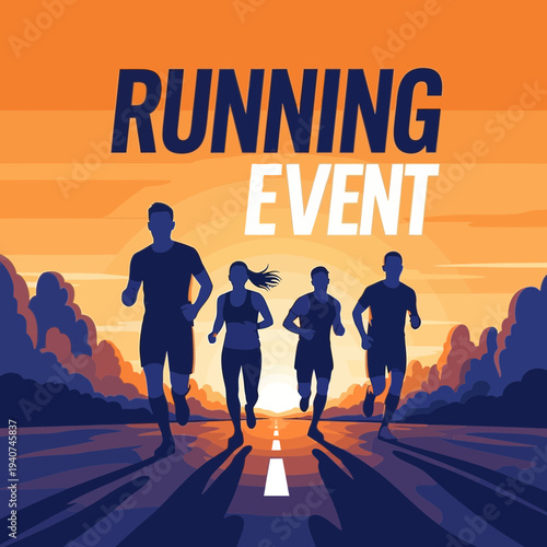 Dynamic Runners Embrace Sunset: A Vibrant Illustration of A Running Event for All