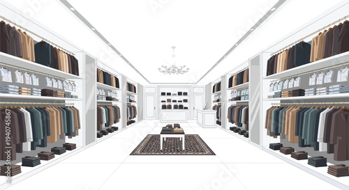 A brightly lit clothing store interior features long rows of white display shelves filled with neatly folded and hanging garments in muted tones.